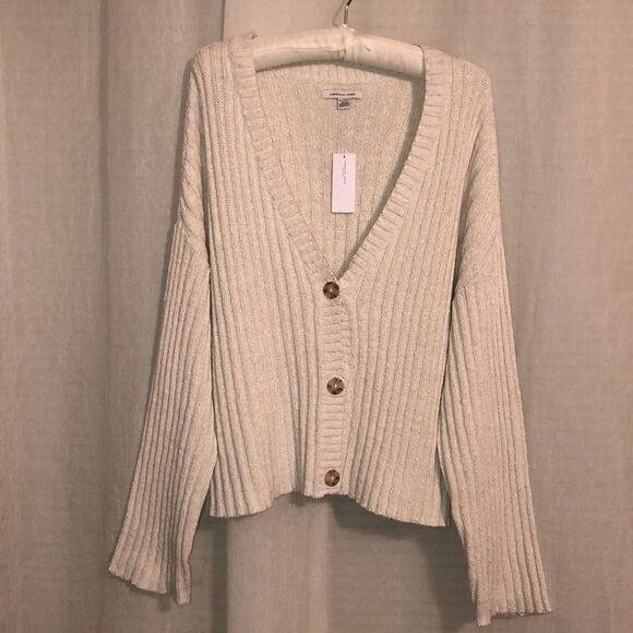 AEО XL Ivory Knit Button Front Slouchy Ribbed Pattern Cardigan Sweater - Picture 1 of 17